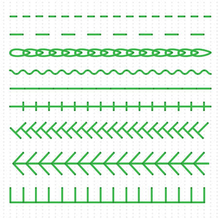 Craft embroidery seams. Cartoon fabric stitching isolated illustrations, fashion materials and leather sewing patterns, hobby tailoring or sewing clothes seam detailsのイラスト素材