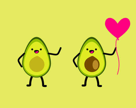 Cute cartoon avocado couple, Valentine's day greeting card. Avocado love with hearts raster illustration.の写真素材