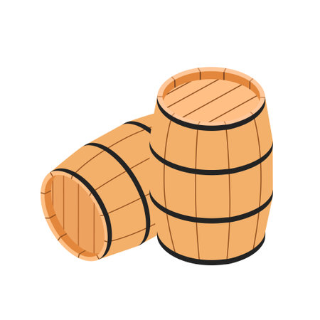Wooden barrels for wine and other alcohol isolated on white background. Vector. Isometric viewのイラスト素材