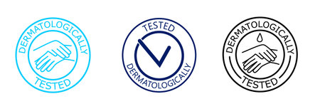 Dermatologically tested raster label with water drop, check mark and hand logo. Dermatology test and dermatologist clinically proven icon for allergy free and healthy safe product package tagの写真素材