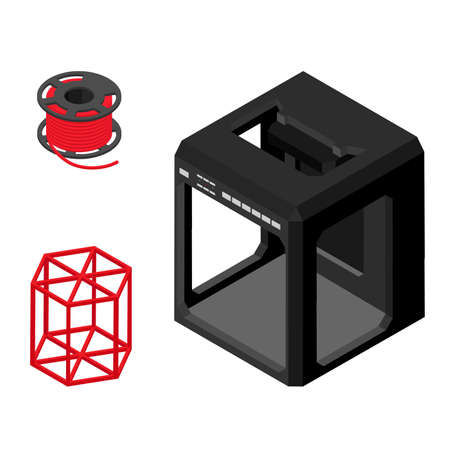 Modern 3D printer, printed figure and supplies isolated on white background. Isometric view.Vector