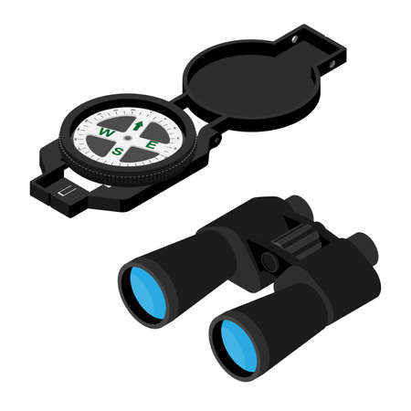 Binoculars and round compass isolated on white background isometric view. Travel plan concept. Vectorのイラスト素材