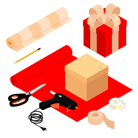 Gift wrapping concept. Present preparation. Wrapping materials and gift box. Isometric view. Vectorのイラスト素材