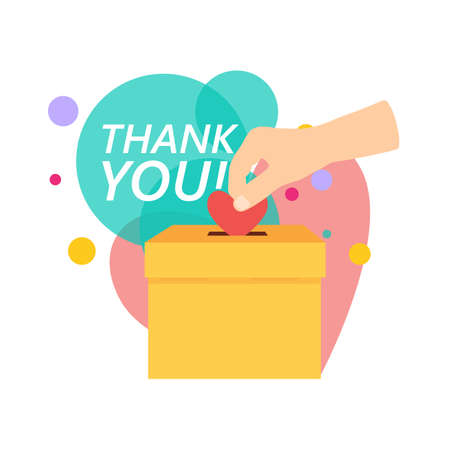 Donation, giving money and love concept perfect for banner, mobile app, landing page. Person throw heart into a box for donations. Heart in hand. Donation box. Vector illustrationのイラスト素材