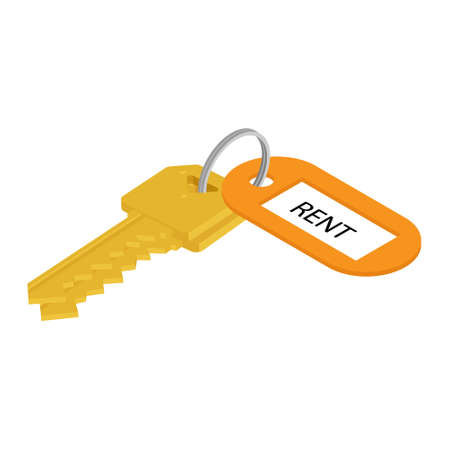 Rent concept. Golden key with orange tag. Key with keychain isolated on white background. Isometric view. Vectorのイラスト素材