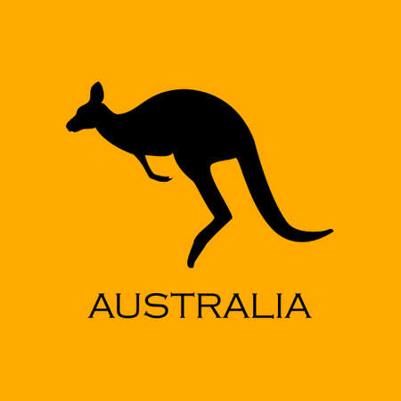 Vector illustration kangaroo black silhouette on orange background with text Australia. Australian symbolのイラスト素材