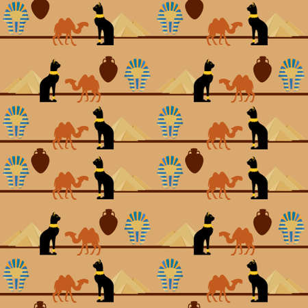 Vector illustration egypt seamless pattern with symbols of Egyopt. Egypt cat, giza pyramids, amphora, camel and pharaoh maskのイラスト素材