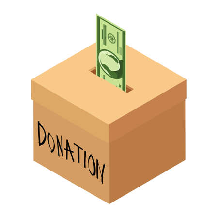 Donation and charity concept. Putting dollar banknote into box for donation. Isometric view.の写真素材