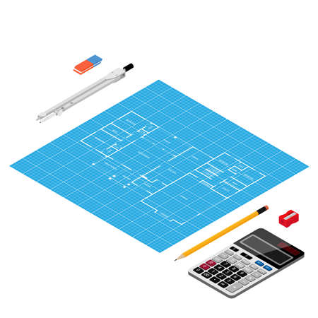 Architects, engineer concept. Apartment architectural project sketch blueprint plan, calculator, pencil, eraser and other suppliesのイラスト素材