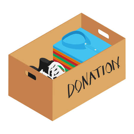 Donation Concept. Donate Box full of clothes and shoes. Isometric viewのイラスト素材