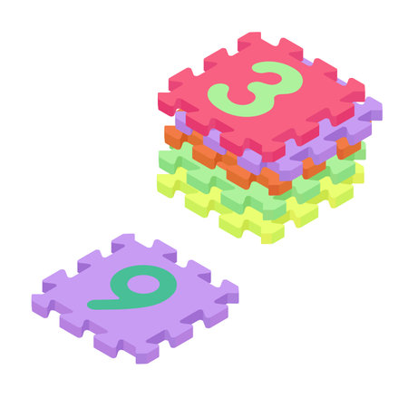 Colorful kids baby floor foam mat puzzle with numbers isometric view. Isolated on white background. Vectorのイラスト素材