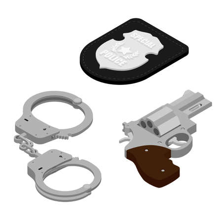 Pistol revolver, special police badge and handcuffs isolated on white background. Crime and violence concept. Isometric view. Vectorのイラスト素材