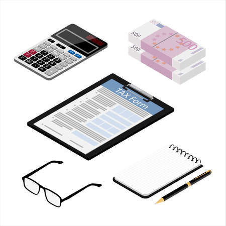 Tax payment concept. State Government taxation, calculation of tax return. Tax form with paper documents, forms, cash, glasses, calculator and notepad. Pay the bills, invoices, payrolls. Vector illustration.のイラスト素材