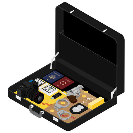 Investigation, spy concept. Investigator case with passport, handcuffs, badge, revolver, cash, usb...