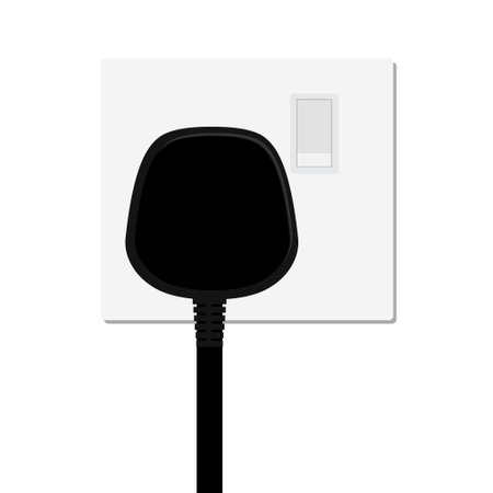 Realistic black plug inserted in electrical outlet power socket, isolated on white background. Icon of device for connecting electrical appliances, equipment. Electric plug and socket. Vector illustration.のイラスト素材