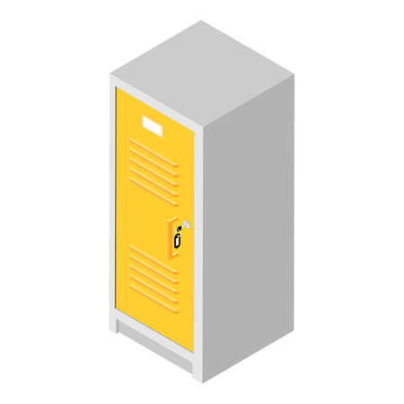 Yellow metal locker door with key isolated on white background. Isometric view. Vectorのイラスト素材