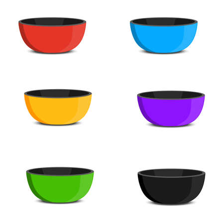 Empty plastic bowls of different colors with shadows isolated on white background. Set of vector dish icons.のイラスト素材