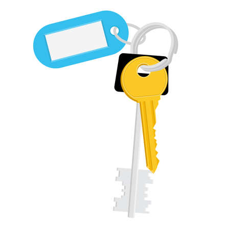 Vector illustration blank blue tag and keys. Bunch of keys with keychain isolated on white...