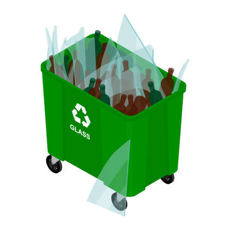 Green can with sorted glass garbage vector icon. Recycling garbage separation and recycled isolated on white background. Recycling concept - bin full of glassのイラスト素材