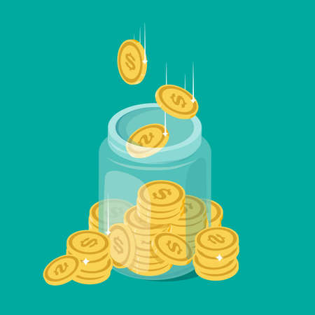Glass money jar full of gold coins. Saving dollar coin in moneybox. Growth, income, savings, investment. Symbol of wealth. Business success. Vector illustrationのイラスト素材