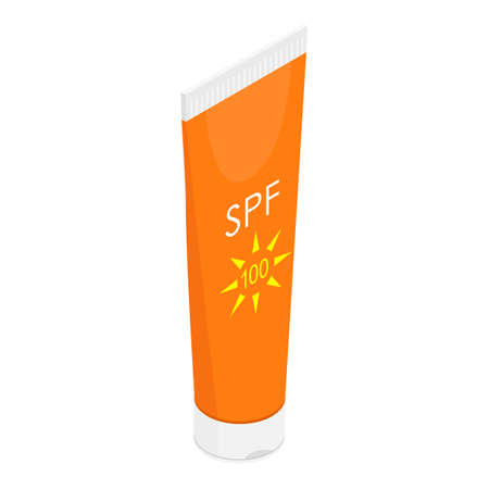 Orange sun cream sunscreen with SPF bottle tube package design isolated on white backgound. Isometric view. Vectorのイラスト素材
