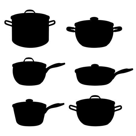 Black silhouette of pans, pots and saucepans isolated on white background. Vectorのイラスト素材