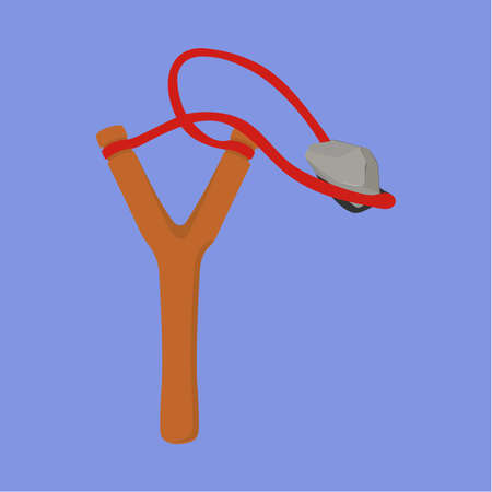 Wooden slingshot with flying stone isolated on background. Homemade slingshot wooden handle with rubber bands. Wooden catapult. Children toy for throwing stones. Vectorのイラスト素材