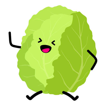 Vegetables for kids. Cute vegetable character, healthy cartoon kawaii. Cabbage. Vectorのイラスト素材