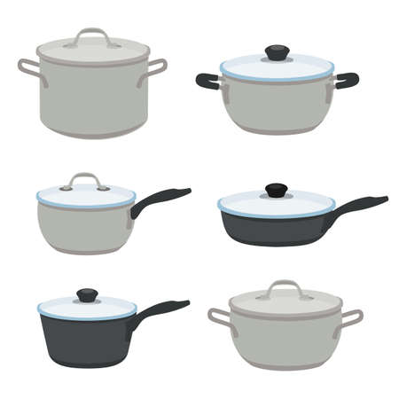 Pans pots and saucepans isolated on white background. Kitchen pan, cartoon kitchenware tools collection for cooking. Vector elements for boiling and fryingのイラスト素材