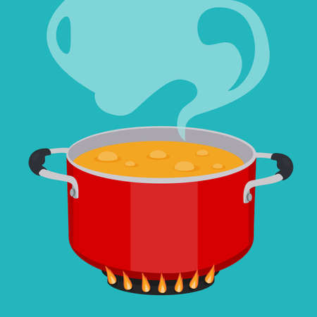 Boiling soup in pan. Red cooking pot on stove with water and steam.の写真素材