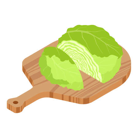Cabbage slice and cutted cabbage on wooden chopping board isolated on white background, isometric view. Vectorのイラスト素材