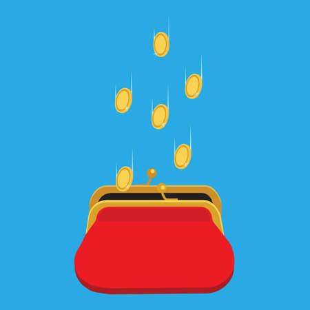Vector illustration golden coins falling in red retro purse isolated on blue background. Dollars dropping in open purse. Saving money conceptのイラスト素材