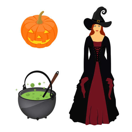 Halloween collection. Witch, pumpkin and boiling kettle. Vectorのイラスト素材