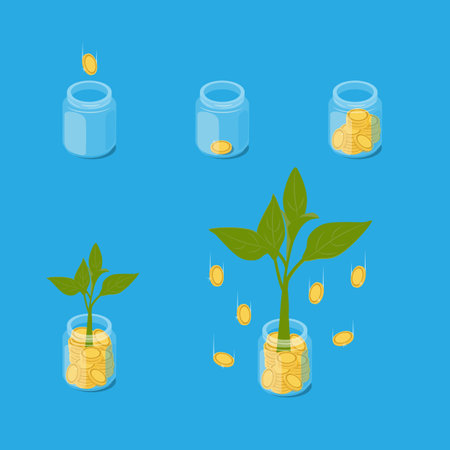 Business investment profit vector illustration. Revenue and income metaphor. Cash from money tree. Investors strategy, funding conceptのイラスト素材