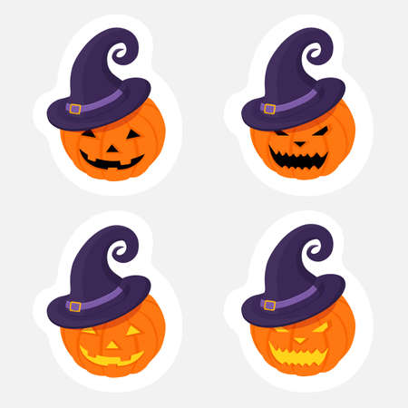 Set pumpkin on white background. Orange pumpkin with witch hat for your design for the holiday Halloween. Vectorのイラスト素材