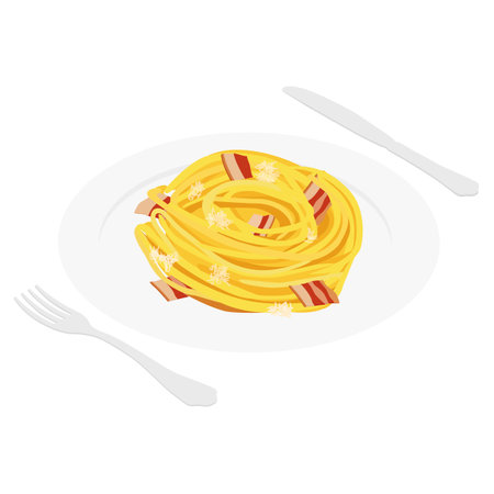 Classic homemade carbonara pasta with fork and knfe isolated on white background. Italian food. Traditional italian cuisine. Vectorのイラスト素材