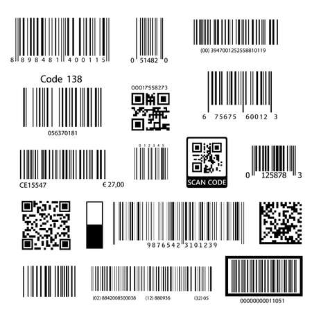 Barcodes. Supermarket scan code bars and qr codes, industrial barcode price black labels realistic isolated vector setのイラスト素材