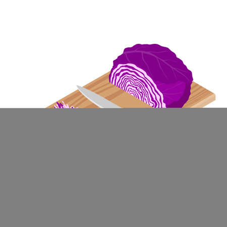 Red cabbage slice, knife and cutted cabbage on wooden chopping board isolated on white background, isometric view. Vectorのイラスト素材