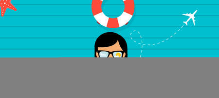 Summer time vector banner design with place for text and colorful beach elements in blue background. Summer Holiday Bannerのイラスト素材