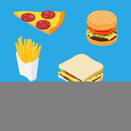 Set of fast food : french fries, hotdog, sandwich, burger hamburger or cheeseburger, slice of pizza and traditional mexican fast food tacoの写真素材