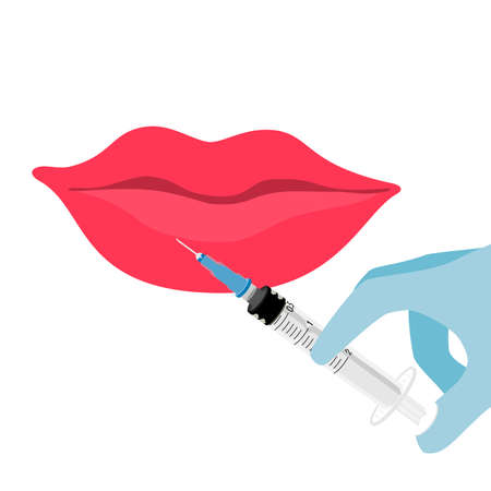 Sensual beautiful female lips, procedure lip injection. Syringe near woman mouth, injections for increase lips shape, raster illustration concept of dermatology and cosmetology treatment.の写真素材