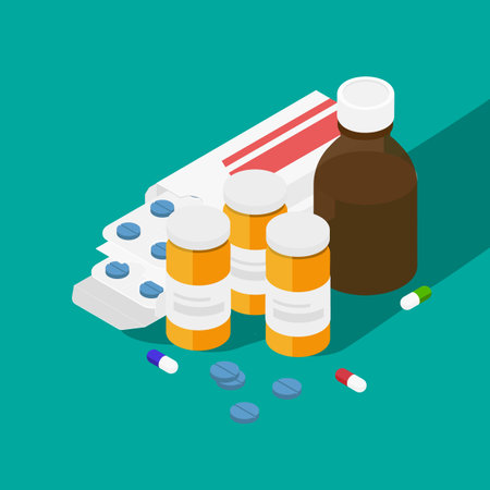 Various meds. Pills, capsules blisters, glass bottles with liquid medicine plastic tubes with caps. Drug medication supplements collection. Isometric view raster object illustrationの写真素材