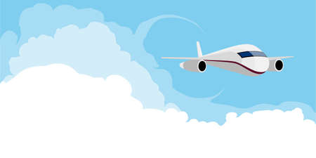 Airplane flying in blue sky with clouds. Vectorのイラスト素材