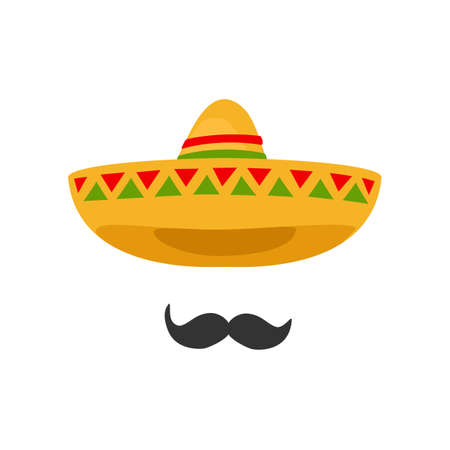 Sombrero mexican hat mustache. Cinco de mayo festival holiday celebration. Spanish latin fiesta accessory, tradition headwear. Decorated vintage party symbol. Vectorのイラスト素材