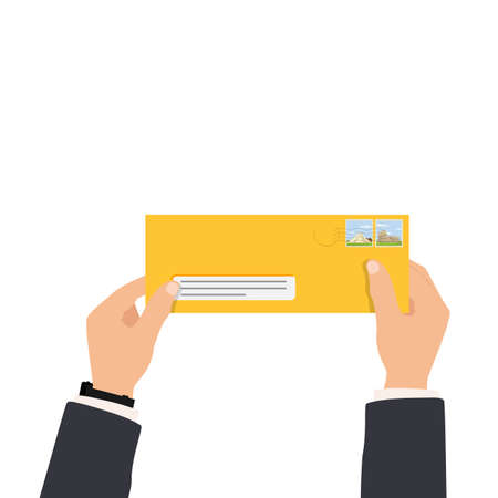 Man's hand holding envelope isolated on white background. Close up. Vector