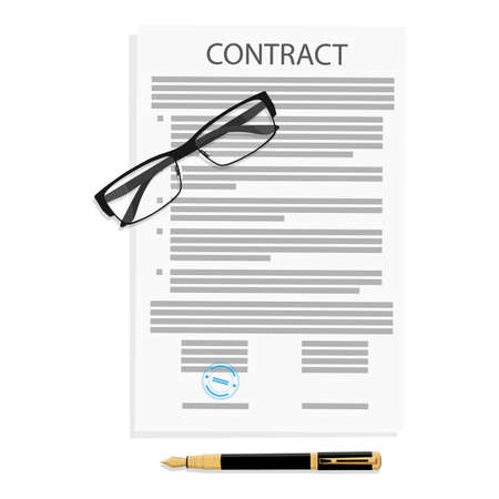 Contract agreement, glasses, folder and pen. Partnership signing document concept. Vector illustrationのイラスト素材