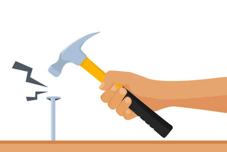 Man hammers in the nail isolated on white background. Holding in hand hammer. Construction and repair. Human repairman with working tools. Vectorのイラスト素材