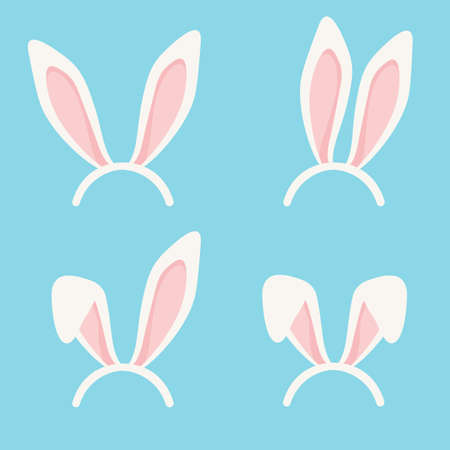 Easter bunny ears mask vector illustration. Ostern rabbit ear spring hat set isolated on blue backgroundのイラスト素材