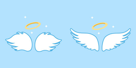 Angel wings with gold nimbus. Cartoon vector icons set isolated on backgroundのイラスト素材