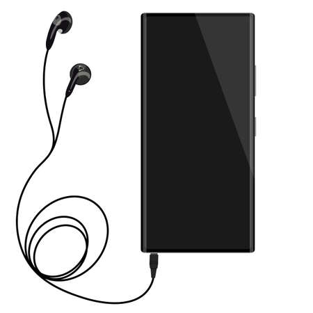 Smartphone with blank screen connects to earphones with spiral cable. Vectorのイラスト素材